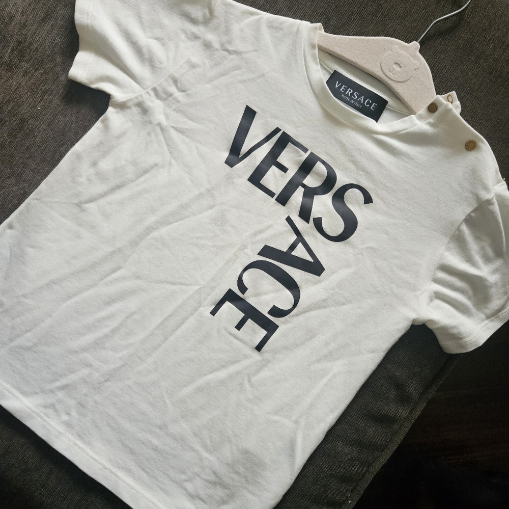 Versace Kids Tee in White with Bold Logo Small Yellowish Stain In Front. - Picture 9 of 13